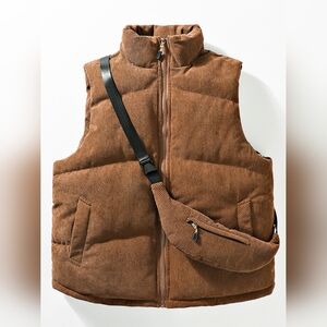 Men's & Women's Brown Corduroy Puffer Vest With Chest Bag